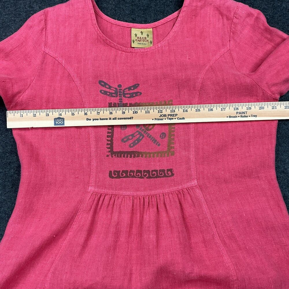 VTG Blue Fish Linen Dress L Coral Southwestern Dragonfly Graphics Lagenlook BOHO - Picture 11 of 12